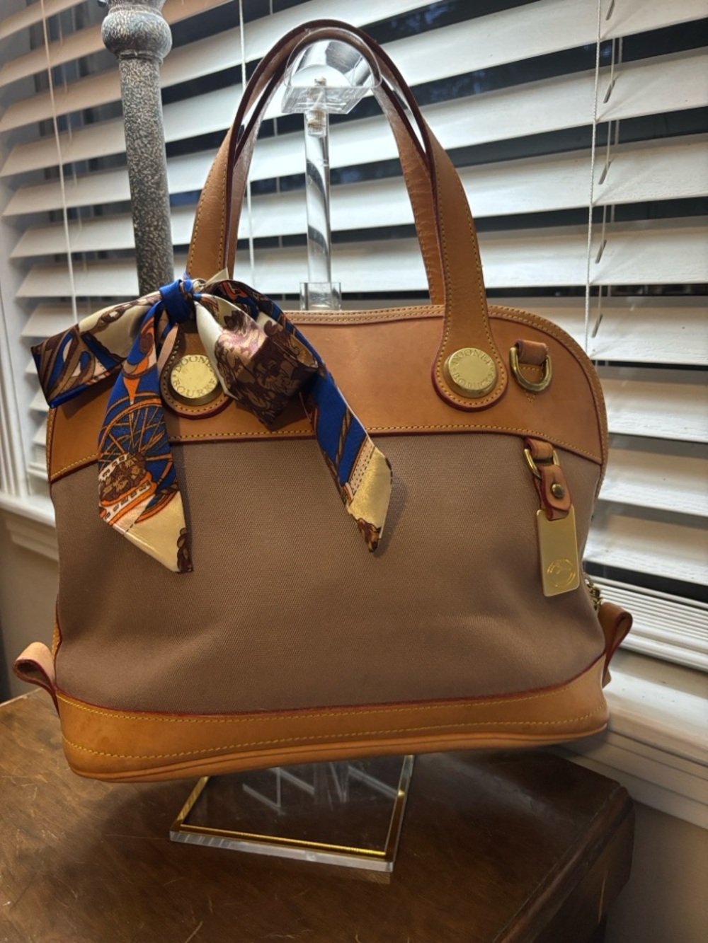 Dooney & Bourke Tan Canvas and Leather Tote with Blue Scarf Accent